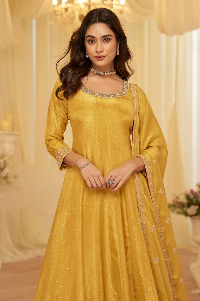 Yellow Sequin with Embroidered Viscose Gown (RF30375)