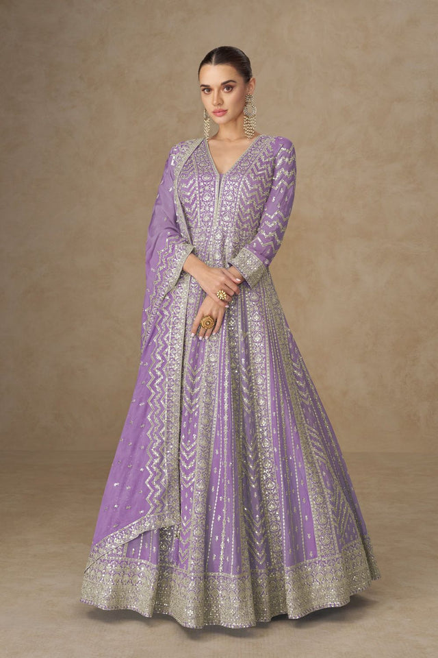 Purple Sequin with Embroidered Chinon Gown (RF30381)