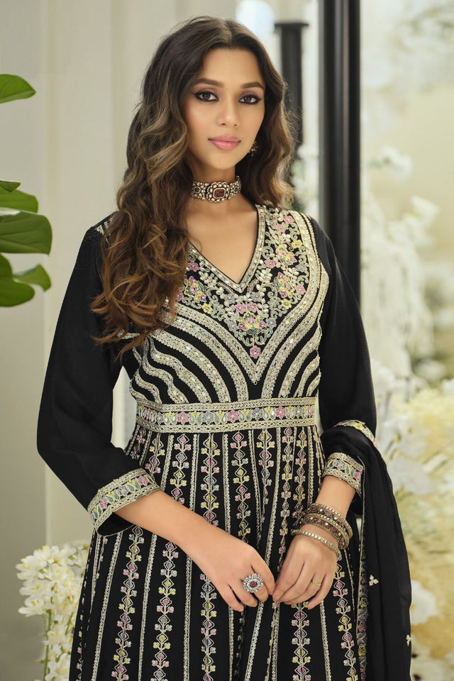 Black Embroidered with Mirror Work Chinon Palazzo Suit (RF30388)