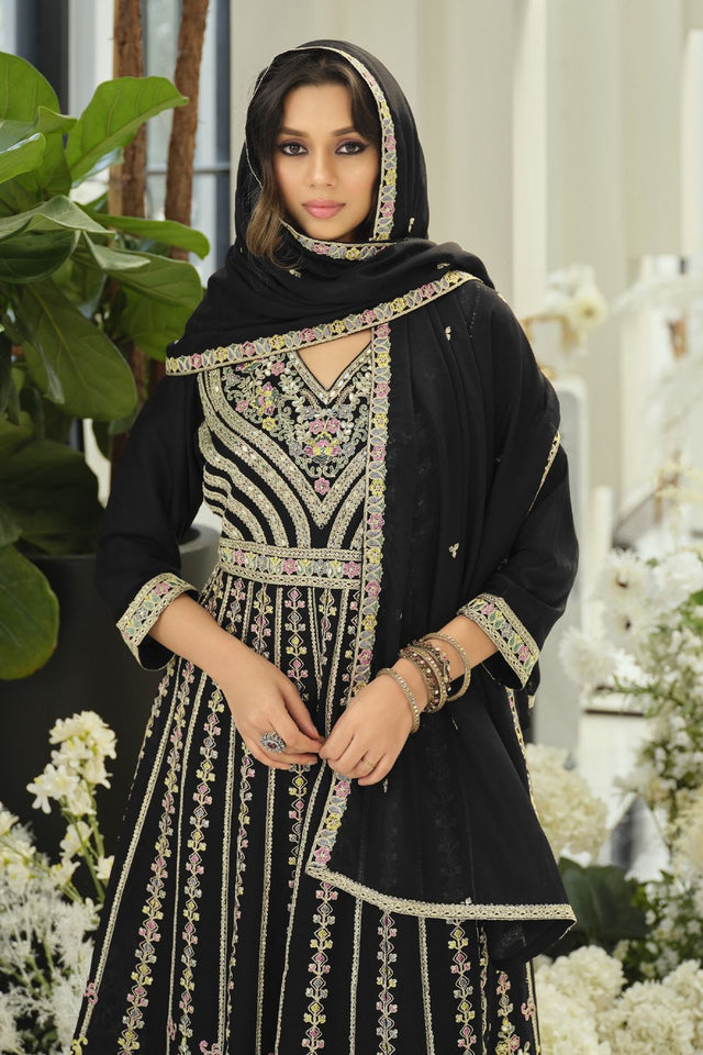 Black Embroidered with Mirror Work Chinon Palazzo Suit (RF30388)