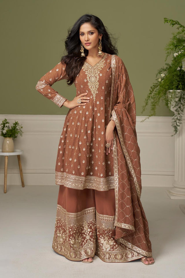 Brown Santoon Georgette Free Size Stitched Palazzo Suit (RF30393)