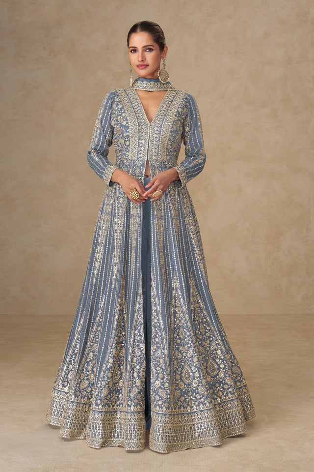 Blue Santoon Chinon Free Size Stitched Gown (RF30399)