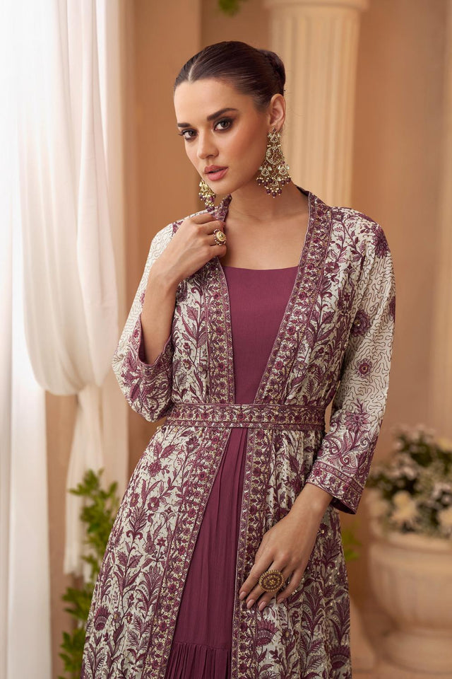 Purple Santoon Chinon Free Size Stitched Gown (RF30402)