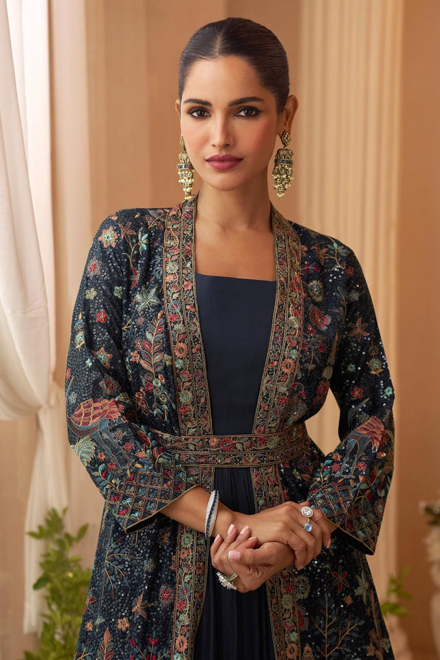 Blue Santoon Chinon Free Size Stitched Gown (RF30404)