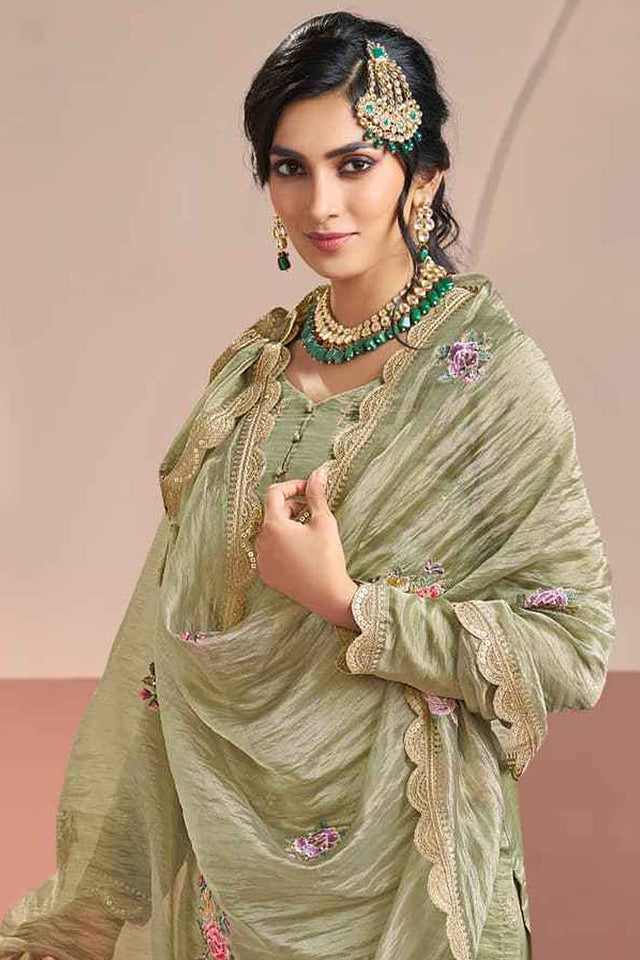 Olive Green Floral Embroidered Silk Kurti Pant Set (RF30408)