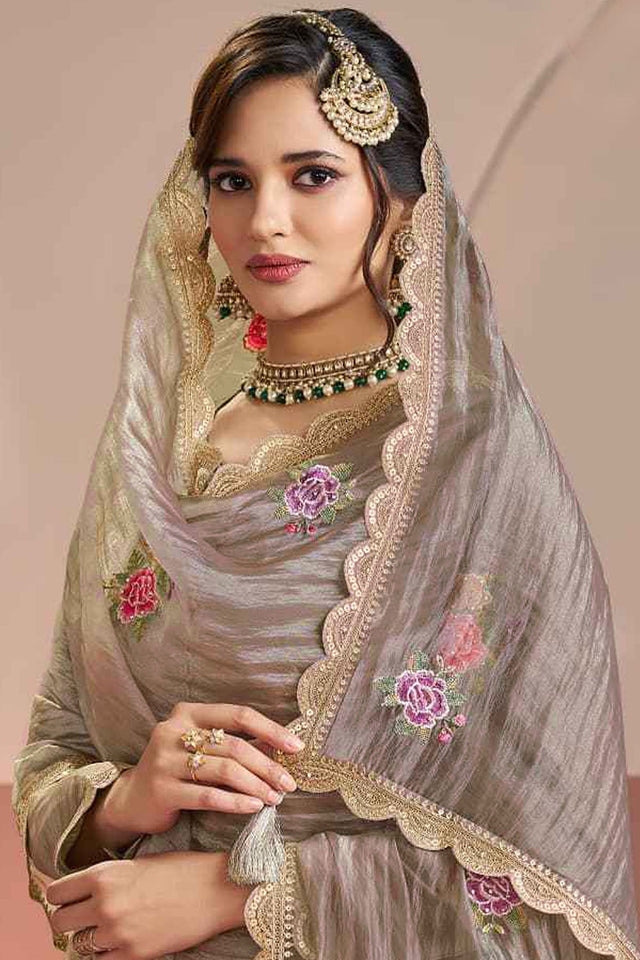 Beige Floral Embroidered Silk Kurti Pant Set (RF30409)