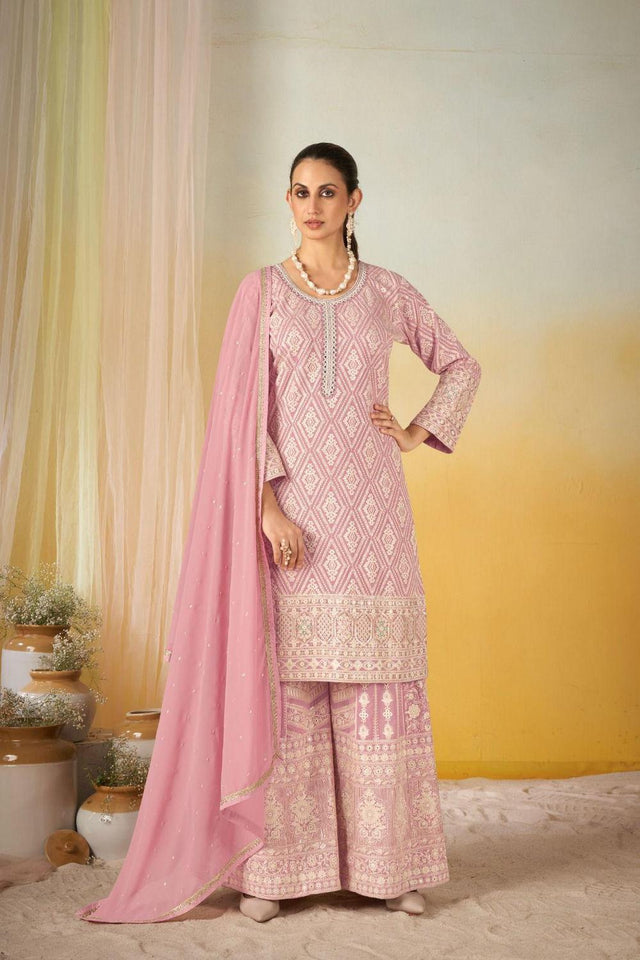 Pink Santoon Georgette Free Size Stitched Palazzo Suit (RF30410)