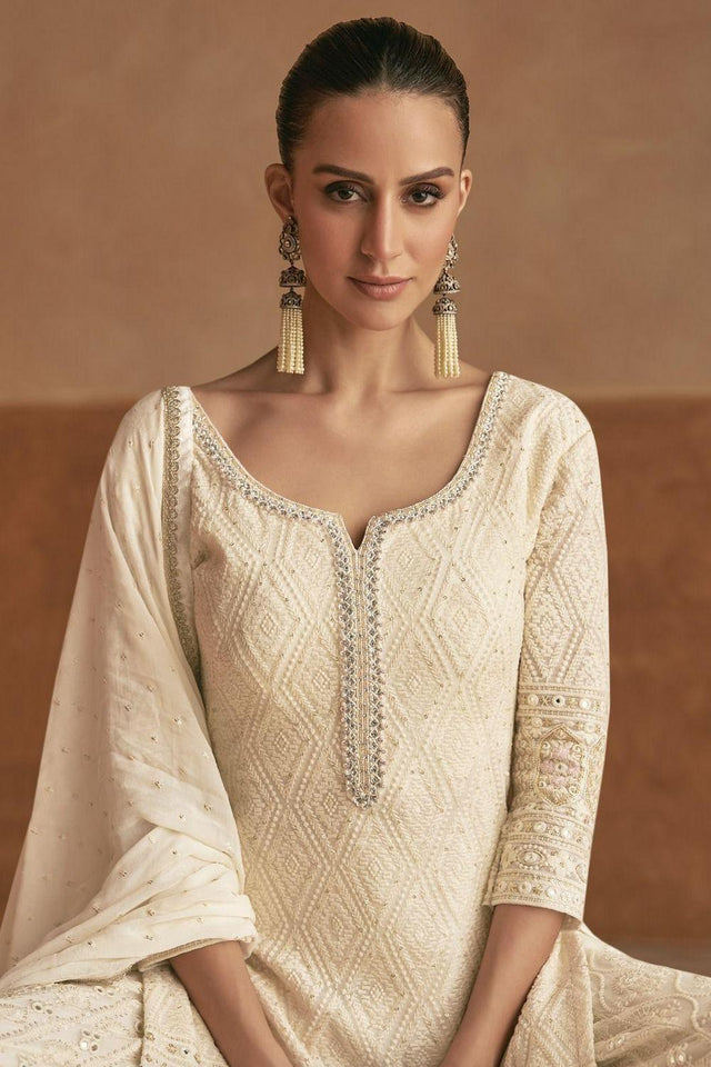 White Santoon Georgette Free Size Stitched Palazzo Suit (RF30411)