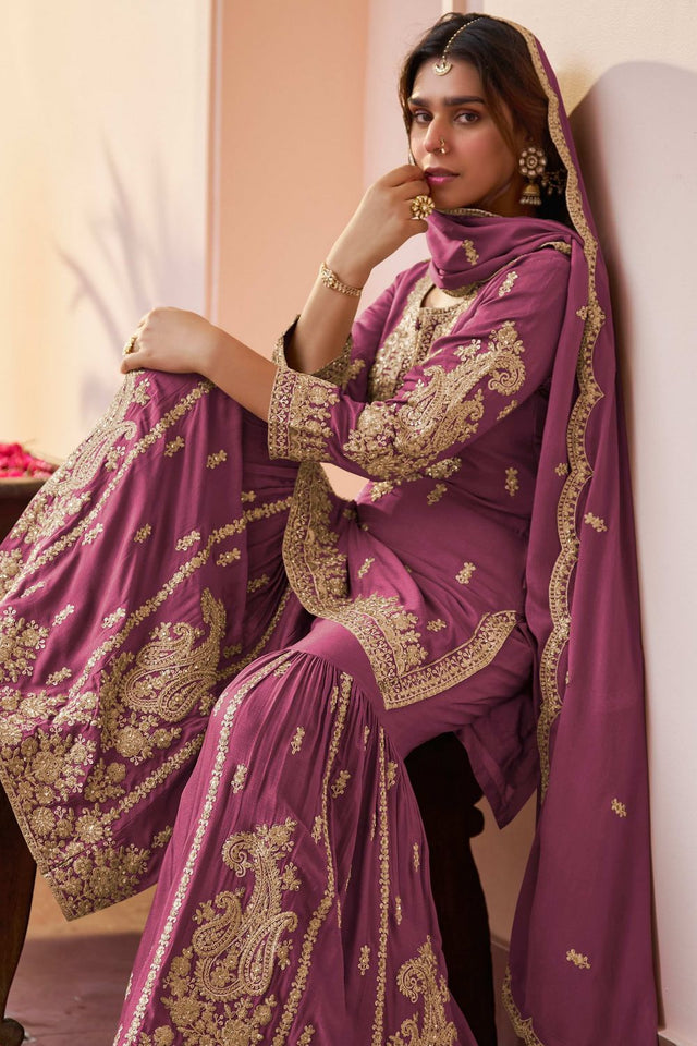 Pink Sequin with Embroidered Chinon Free Size Stitched Sharara Suit (RF30422)