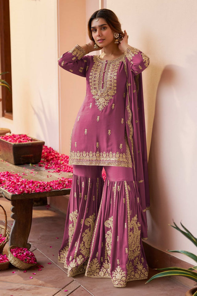 Pink Sequin with Embroidered Chinon Free Size Stitched Sharara Suit (RF30422)