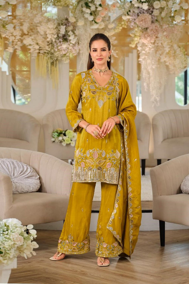 Yellow Floral Embroidered Silk Straight Cut Suit (RF30467)