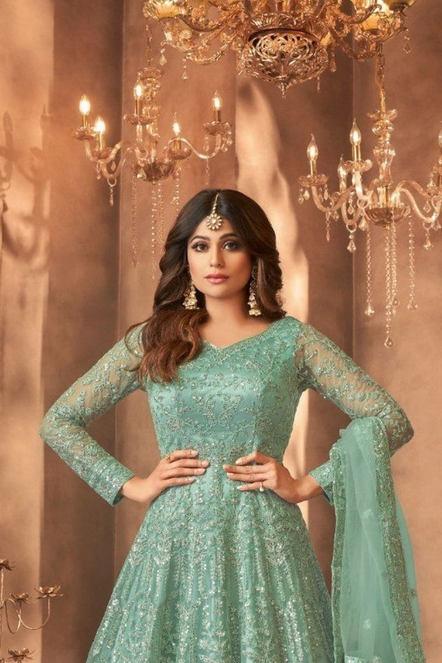 Sea Green Sequin with Embroidered Net Anarkali Suit (RF30473)