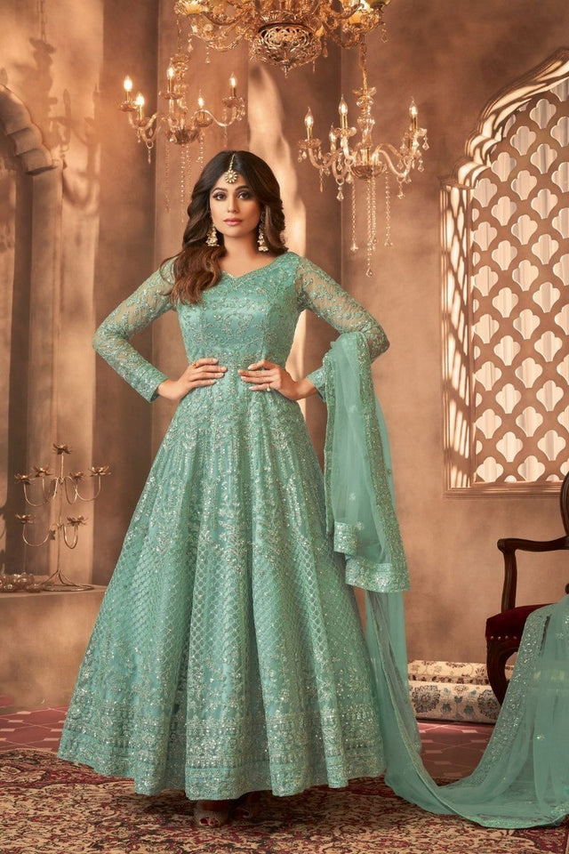 Sea Green Sequin with Embroidered Net Anarkali Suit (RF30473)