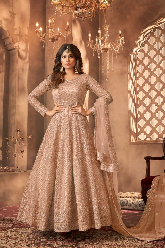 Beige Sequin with Embroidered Net Anarkali Suit (RF30475)