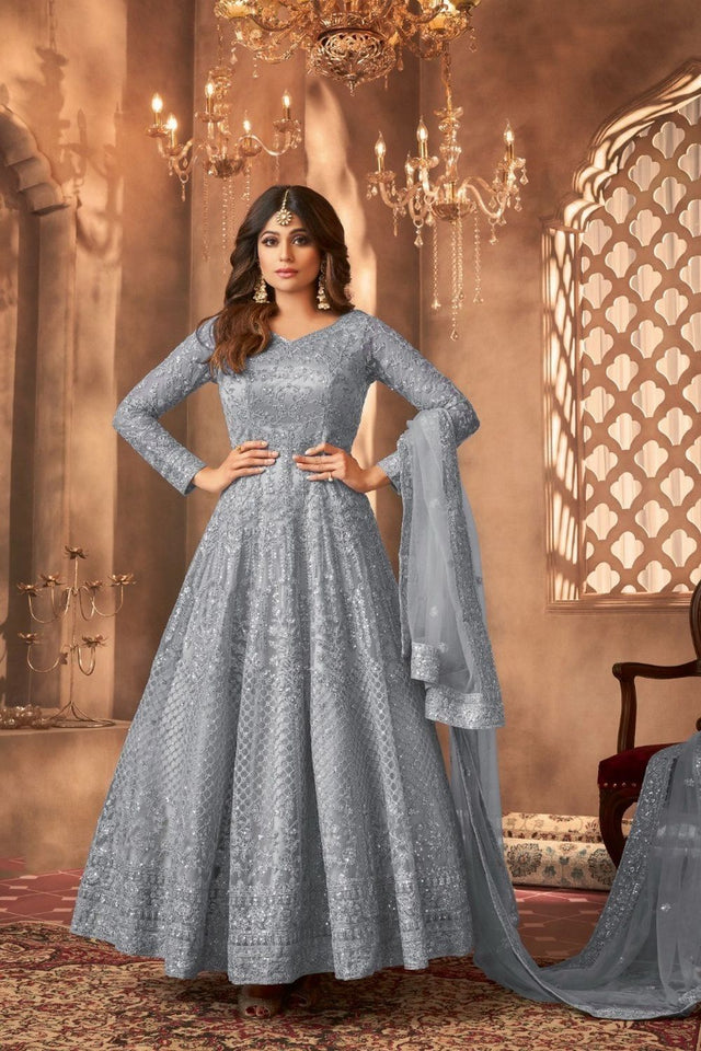 Grey Sequin with Embroidered Net Anarkali Suit (RF30476)