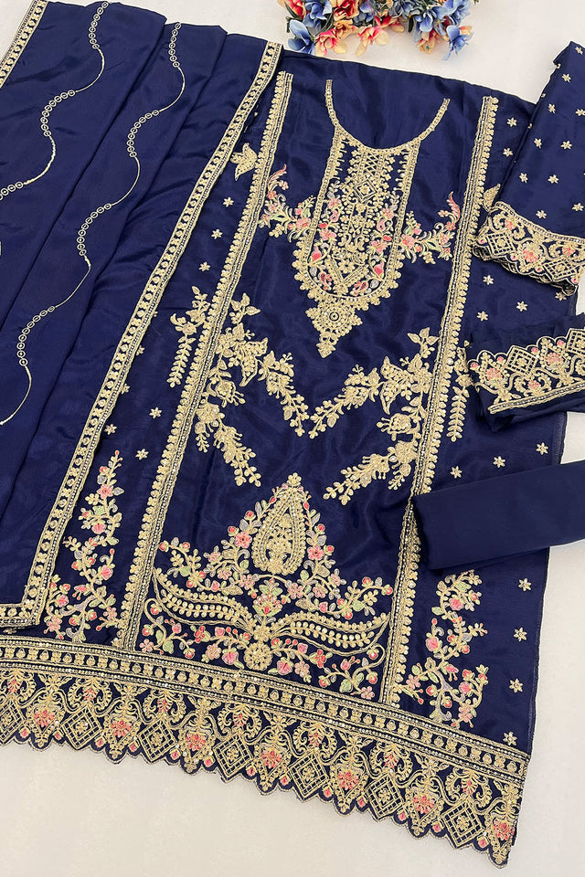 Turquoise Embroidered Chinon Pakistani Suit (RF30477)