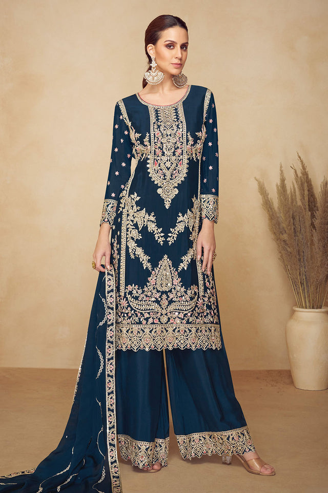 Turquoise Embroidered Chinon Pakistani Suit (RF30477)
