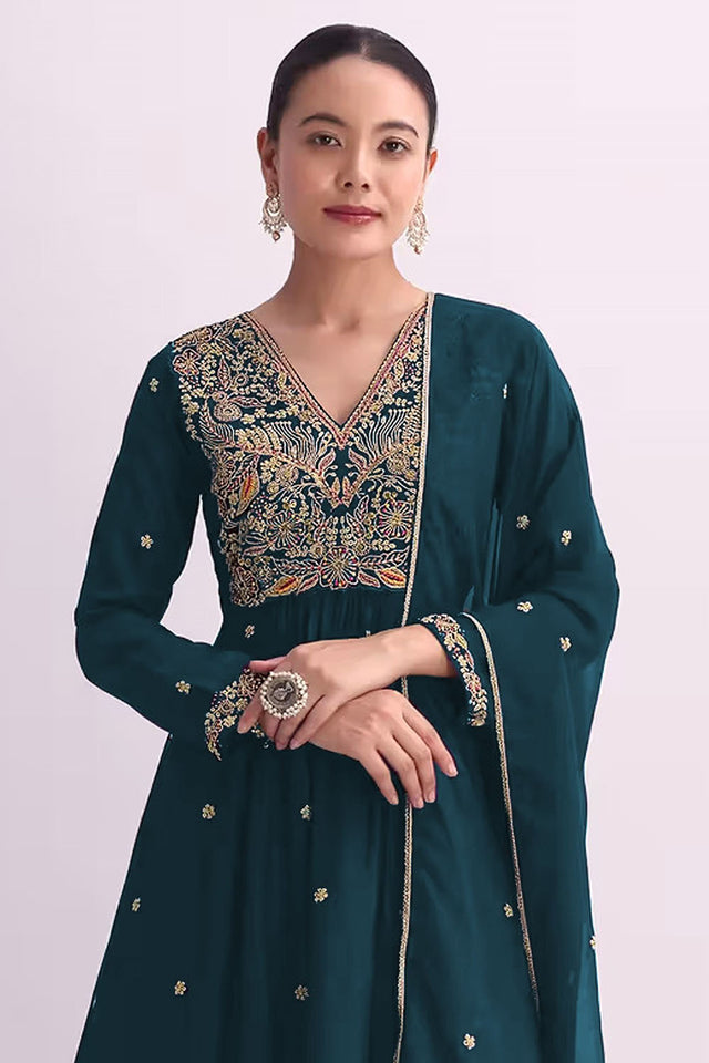 Turquoise Floral Embroidered Silk Anarkali Suit (RF30482)