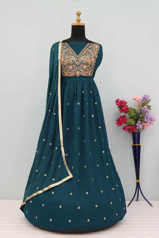 Turquoise Floral Embroidered Silk Anarkali Suit (RF30482)