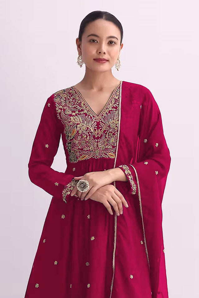 Red Floral Embroidered Silk Anarkali Suit (RF30483)