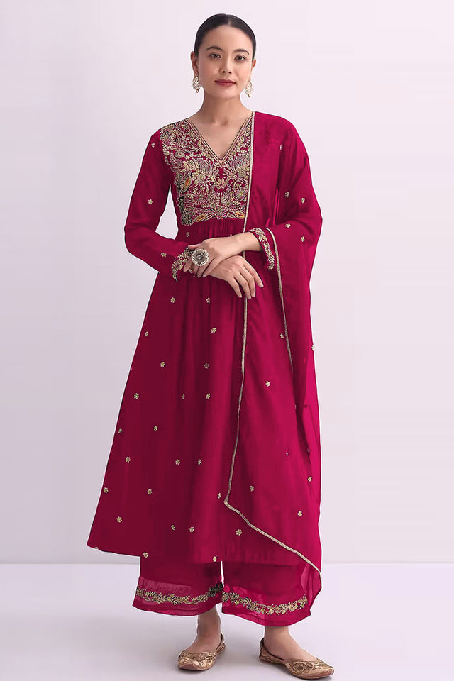 Red Floral Embroidered Silk Anarkali Suit (RF30483)