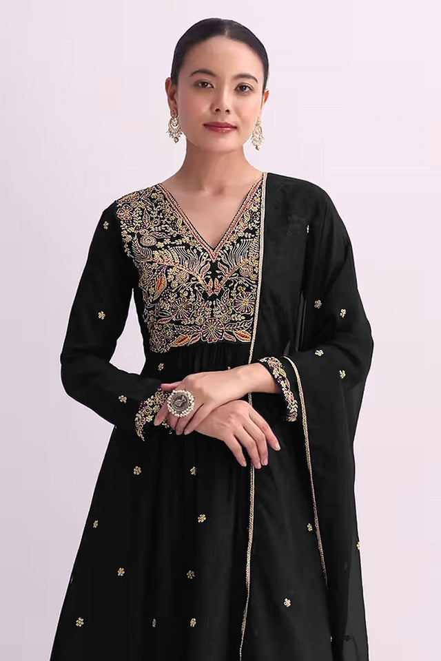 Black Floral Embroidered Silk Anarkali Suit (RF30484)