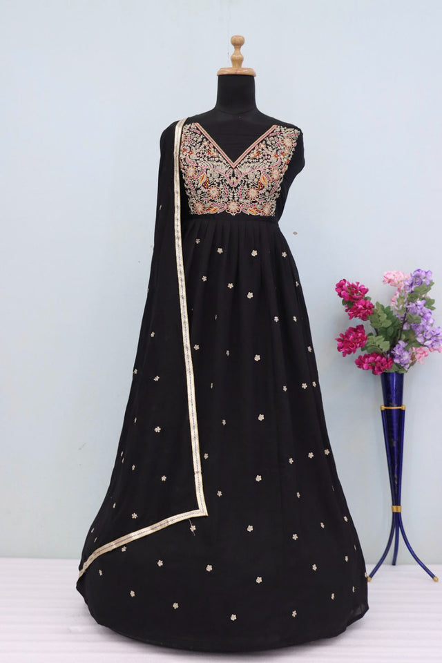 Black Floral Embroidered Silk Anarkali Suit (RF30484)