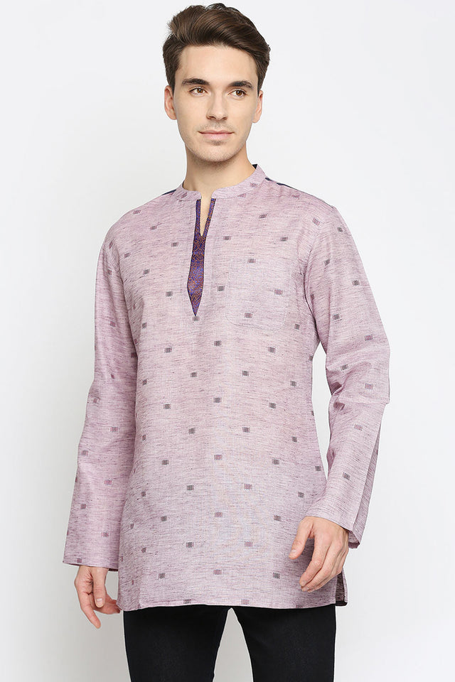 Men's Cotton Printed Short Kurta Top in Magenta - 44