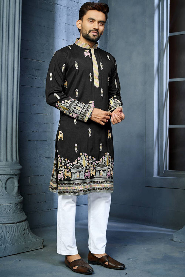 Mens Black Embroidered Silk Kurta Pajama Set