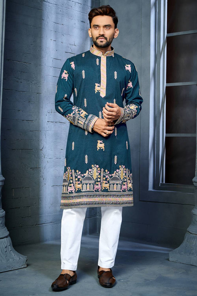 Mens Blue Embroidered Silk Kurta Pajama Set
