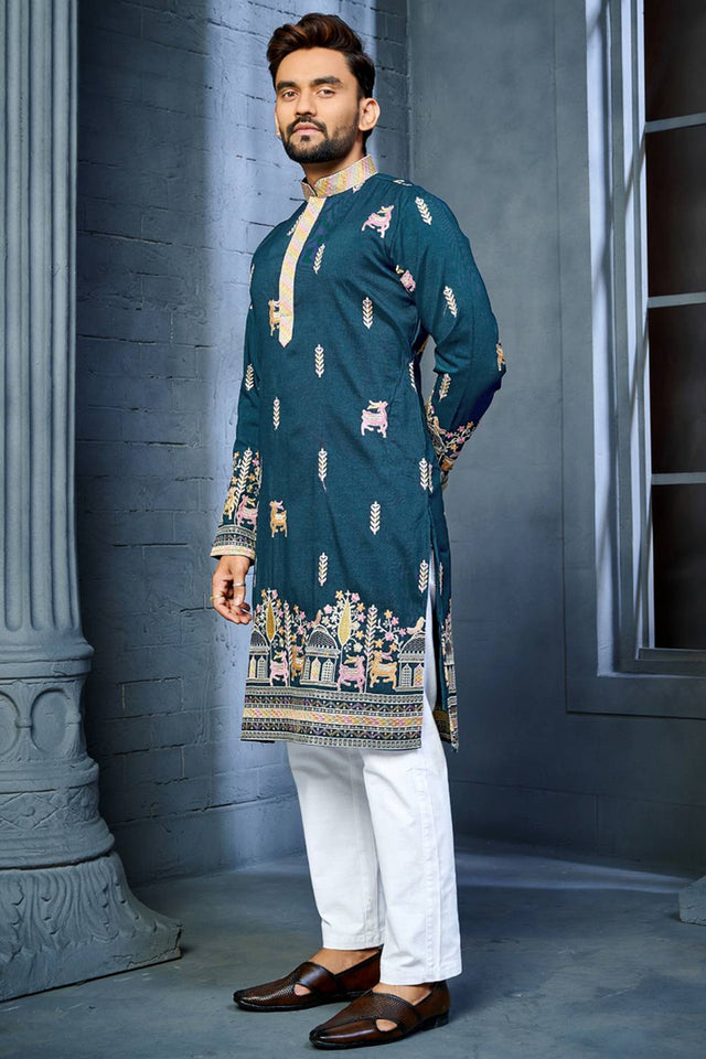 Mens Blue Embroidered Silk Kurta Pajama Set