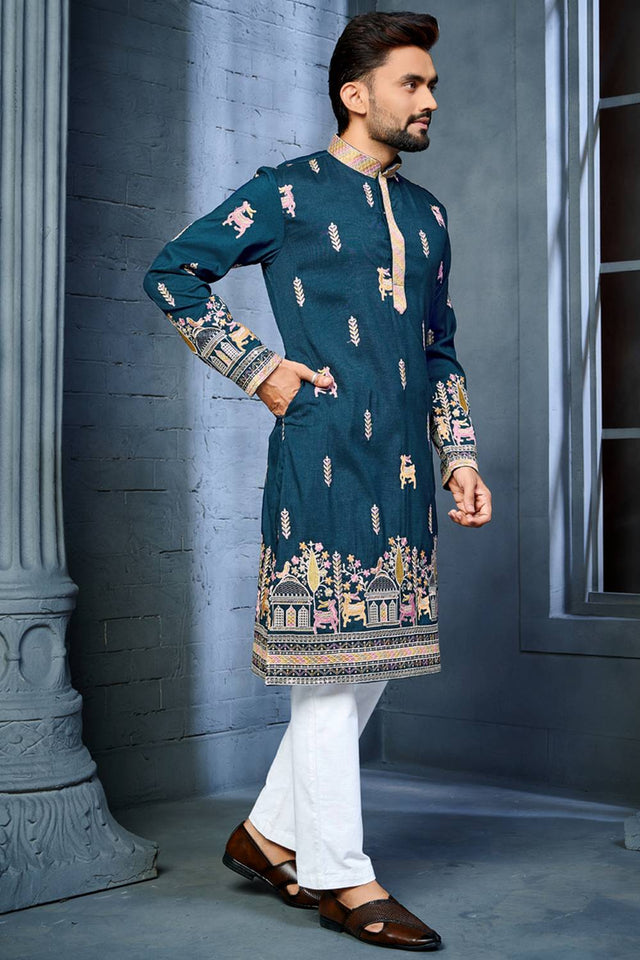 Mens Blue Embroidered Silk Kurta Pajama Set
