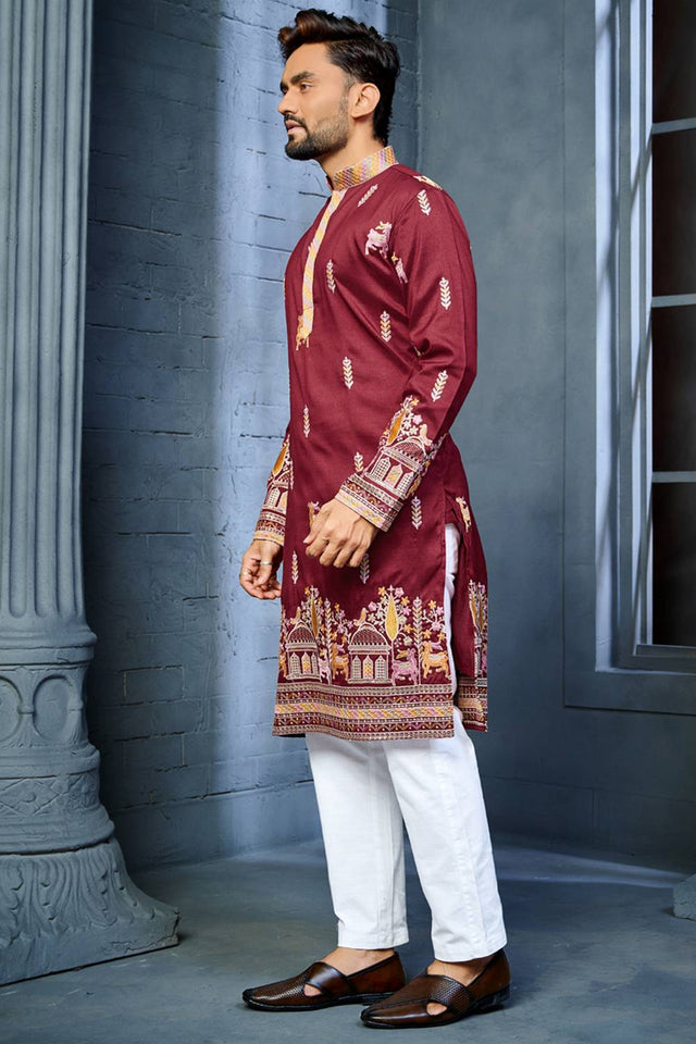 Mens Maroon Embroidered Silk Kurta Pajama Set