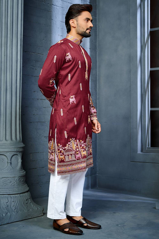 Mens Maroon Embroidered Silk Kurta Pajama Set
