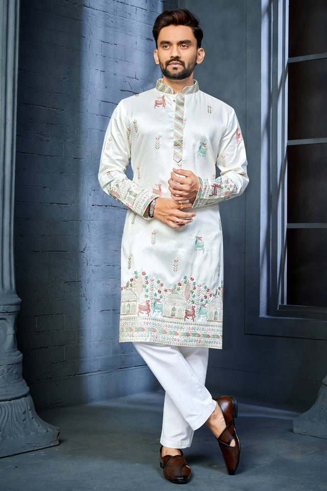 Mens Off White Embroidered Silk Kurta Pajama Set