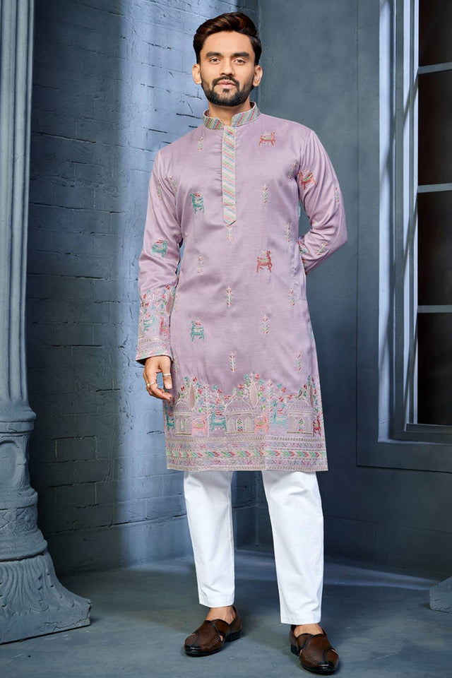 Mens Lavender Embroidered Silk Kurta Pajama Set