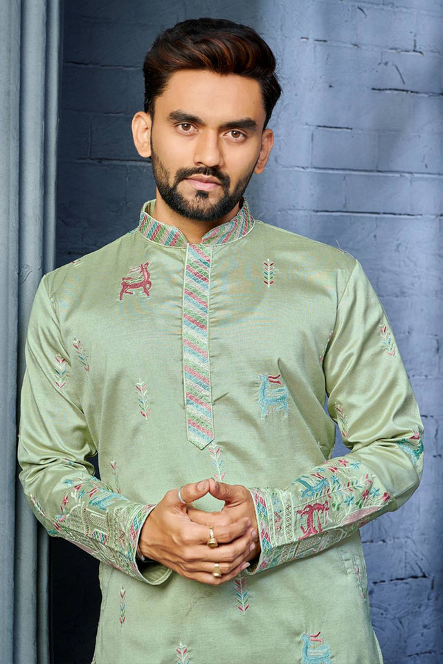 Mens Green Embroidered Silk Kurta Pajama Set