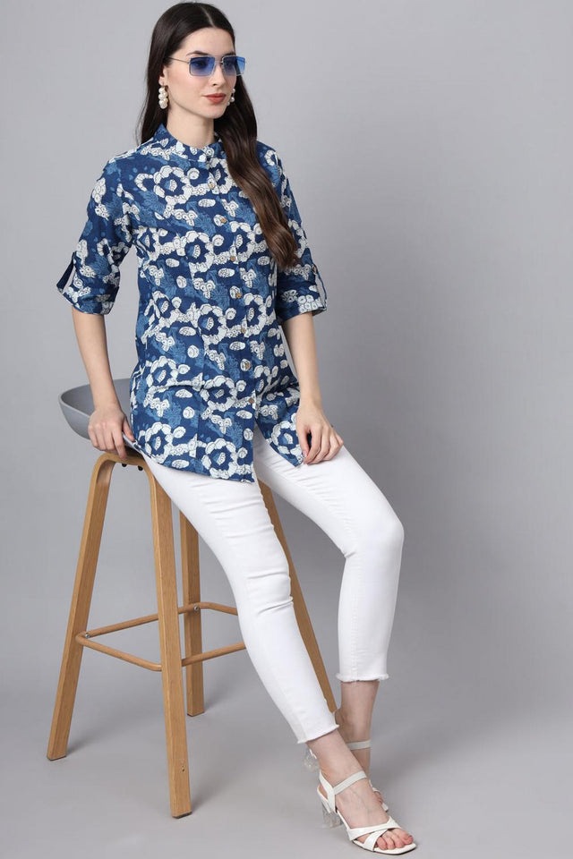 Blue Floral Printed Cotton Top (RM-DK3004)