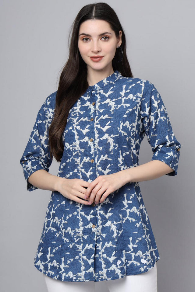Blue Floral Printed Cotton Top (RM-DK3008)