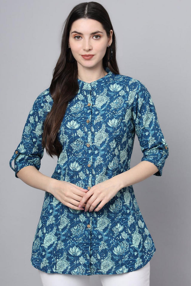 Blue Floral Printed Cotton Top (RM-DK3009)