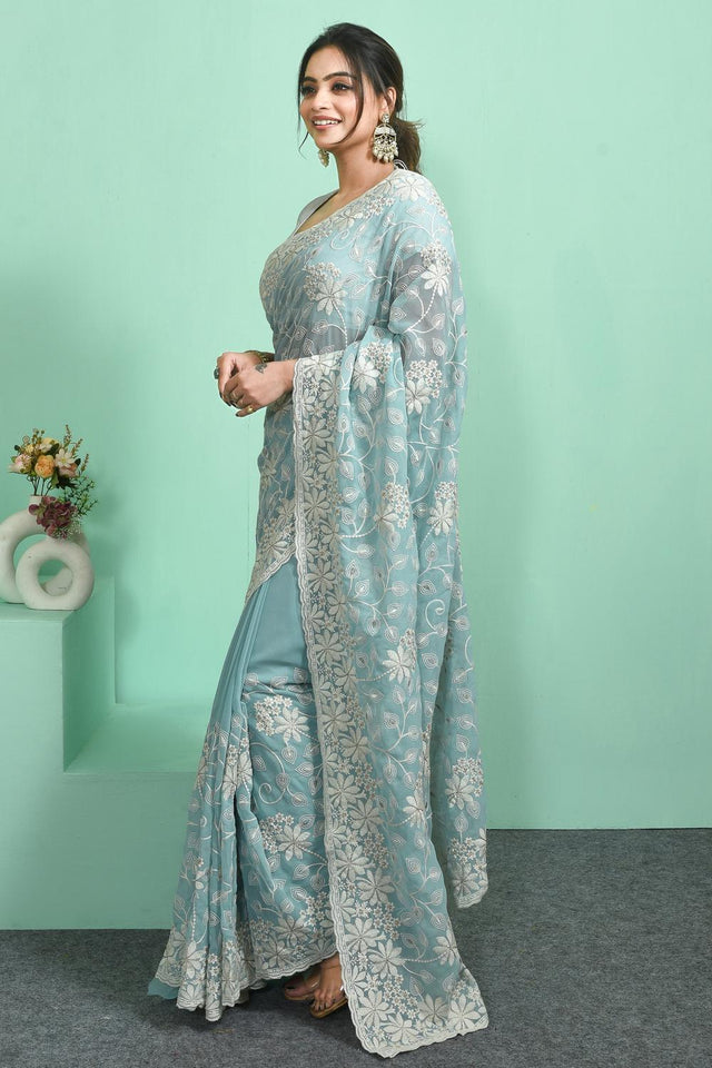 Green Thread Work Georgette Saree (RRGGGO6C3839)