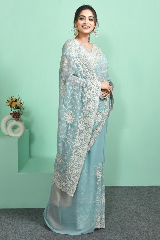 Green Thread Work Georgette Saree (RRGGGO6C3839)