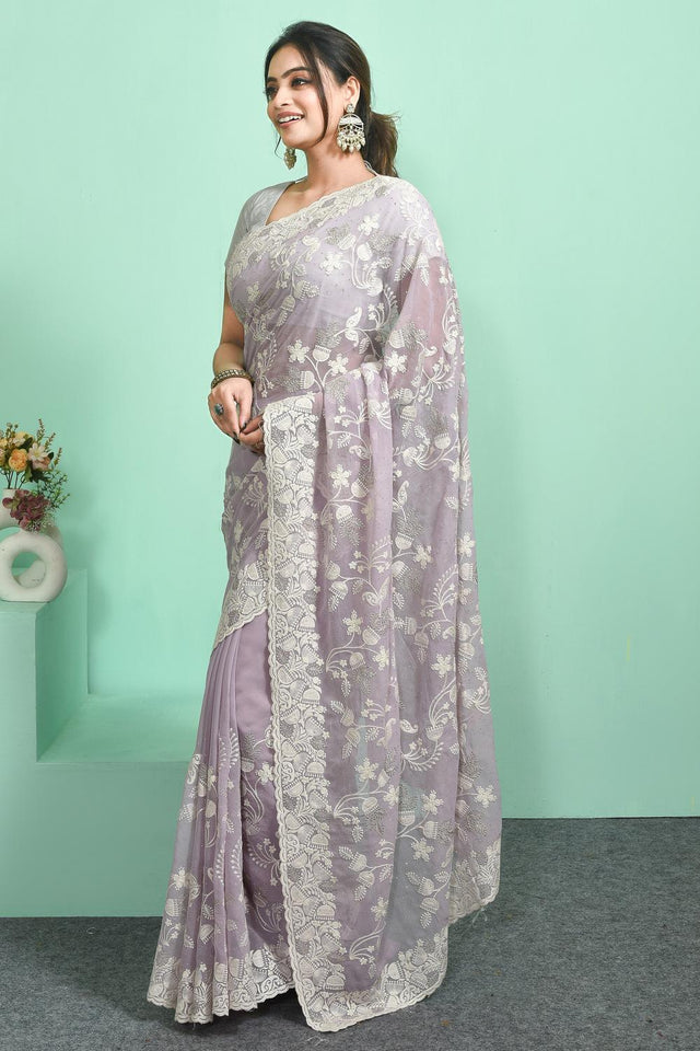 Violet Thread Work Georgette Saree (RRGQQO6C3844)