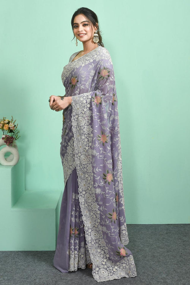 Violet Floral Embroidered Georgette Saree (RRGQQQ6C3832)