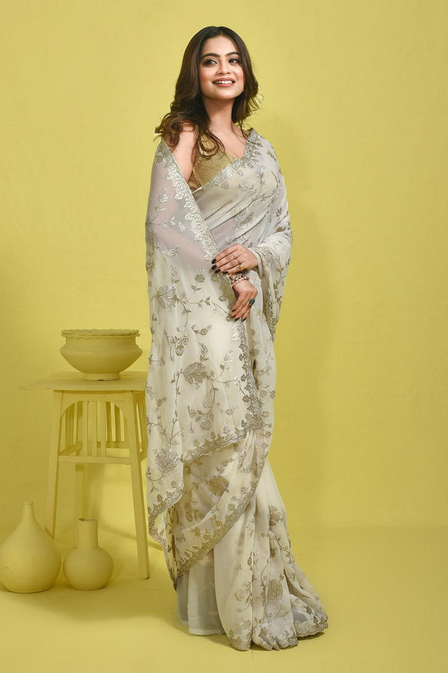 Off-White Beads & Stone Embossed Georgette Saree (RRPCCO6C3758)