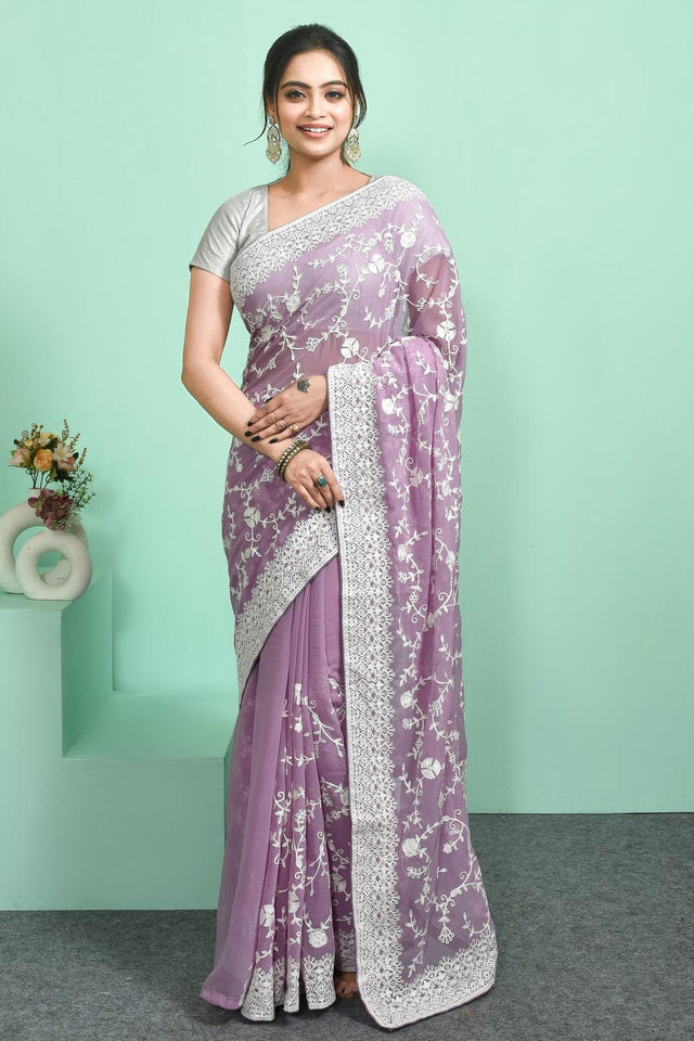 Violet Thread Work Georgette Saree (RSGQQJ6C3843)