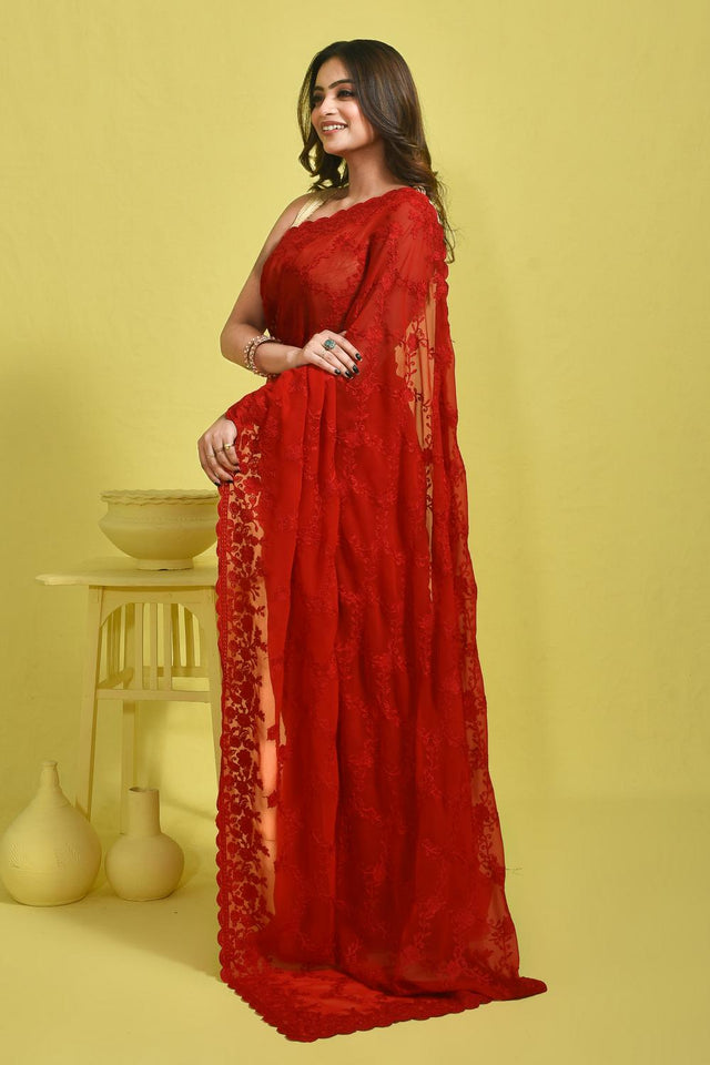 Red Floral Embroidered Georgette Saree (RSGRRM6C3778)