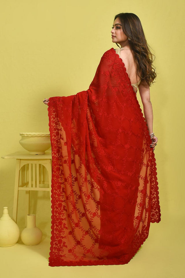 Red Floral Embroidered Georgette Saree (RSGRRM6C3778)