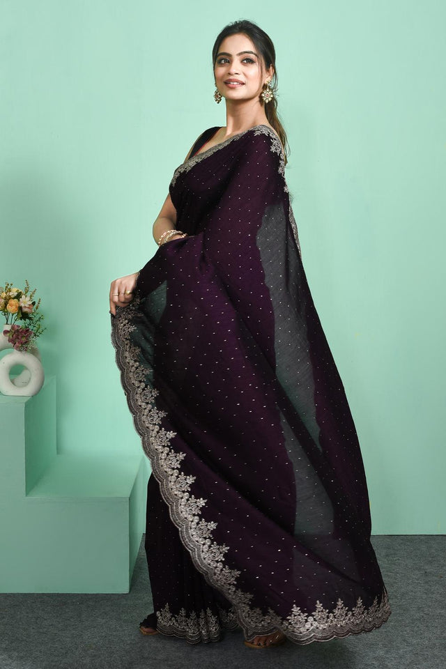 Violet Floral Embroidered Silk Blend Saree (RSMQQJ6C3806)