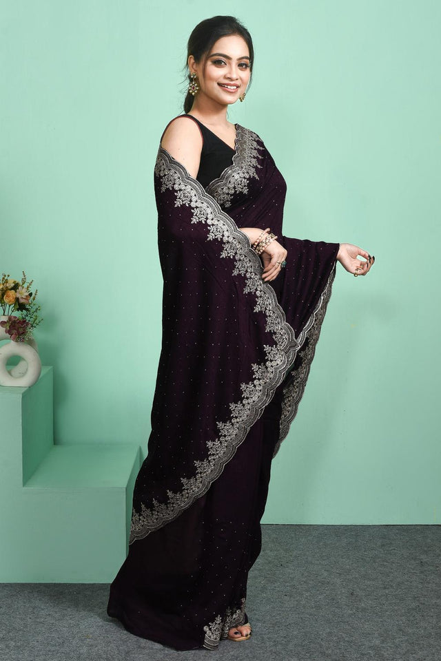 Violet Floral Embroidered Silk Blend Saree (RSMQQJ6C3806)
